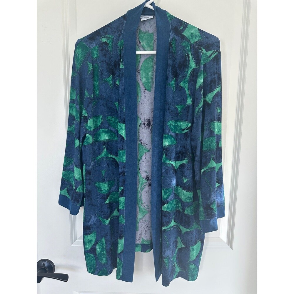 Chico's Blue & Green Graphic Open Front Jacket Chico’s 2 (Large / US 12)